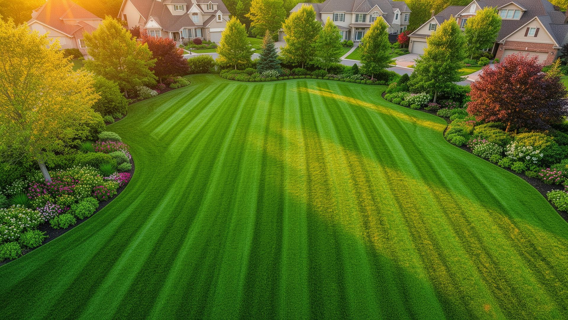Beautifully manicured emerald green lawn at golden hour